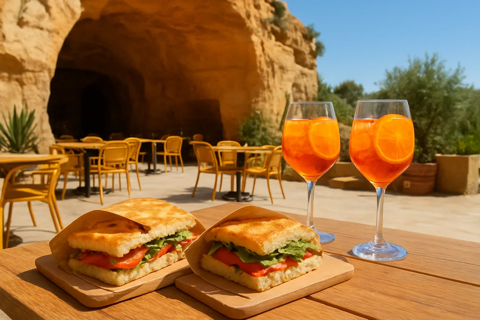 Terraza al sol con mesas de madera, focaccias y spritz al mediodía en Sant Quirze