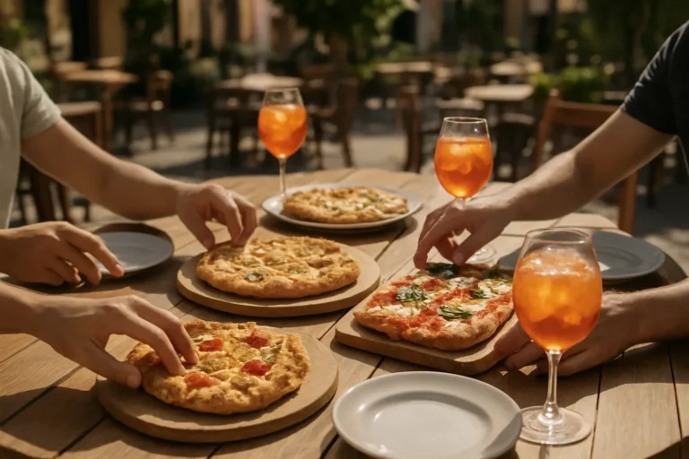 Terraza de restaurante al mediodía con mesas, focaccias para compartir y bebidas al sol