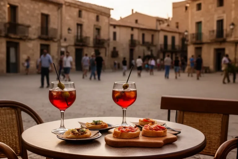 Mesa de terraza con vermut y aperitivos en una plaza peatonal al caer la tarde