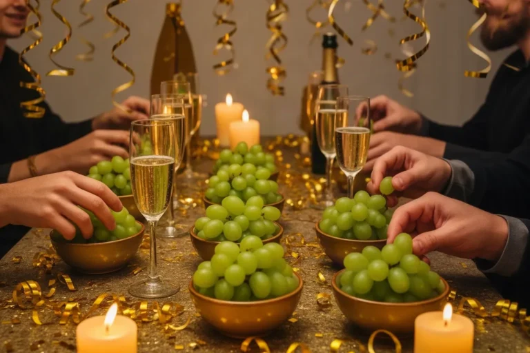 Doce uvas en cuencos y copas de cava preparadas en la mesa de Nochevieja